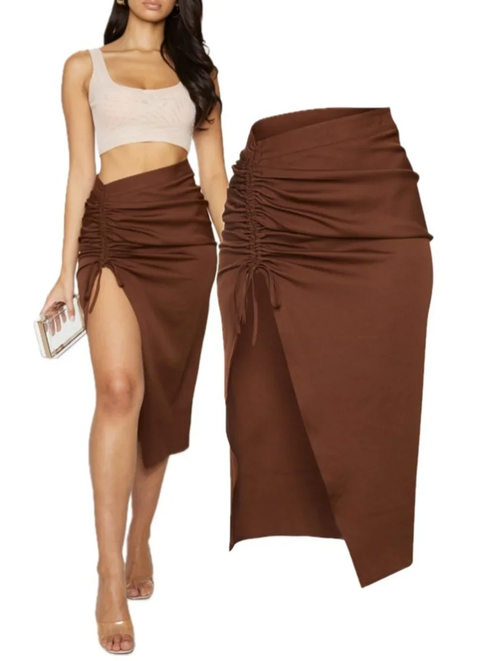 Pretty Little Thing Woven Ruched Front Side-Slit Midi Skirt (Chocolate Brown)